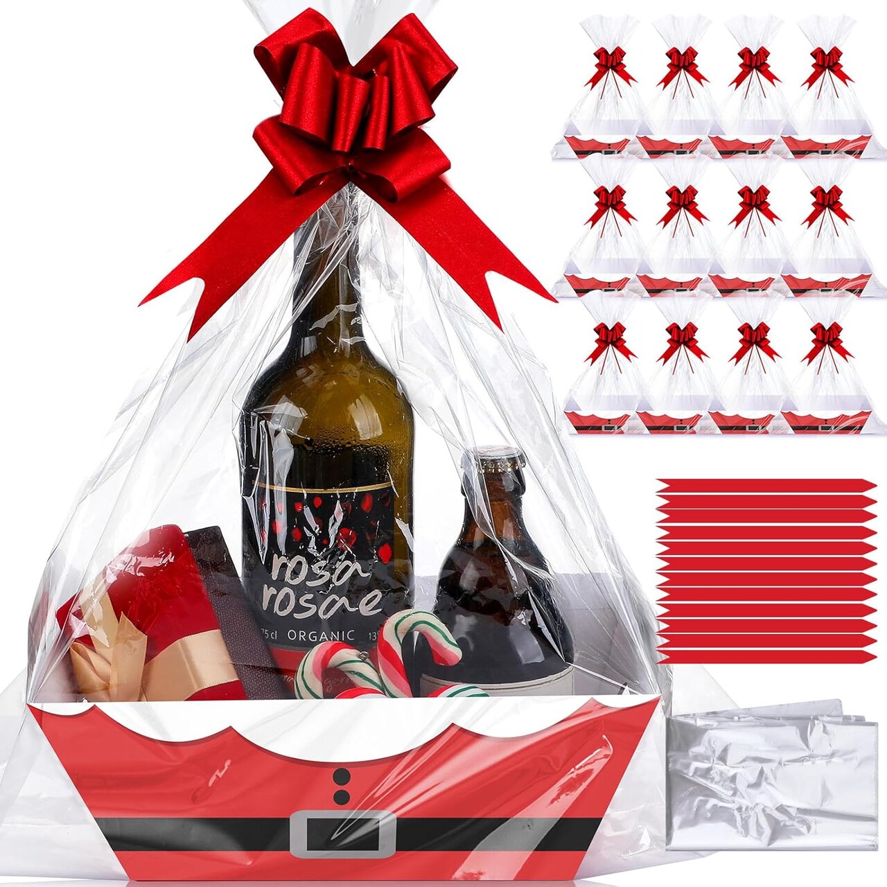 36 Pcs 12 Pack Christmas Baskets for Gifts Empty Santa Belt Cardboard Baskets Bags Kit Red Pull Bows Wine Basket for Xmas (Modern,12 x 10 Inch)